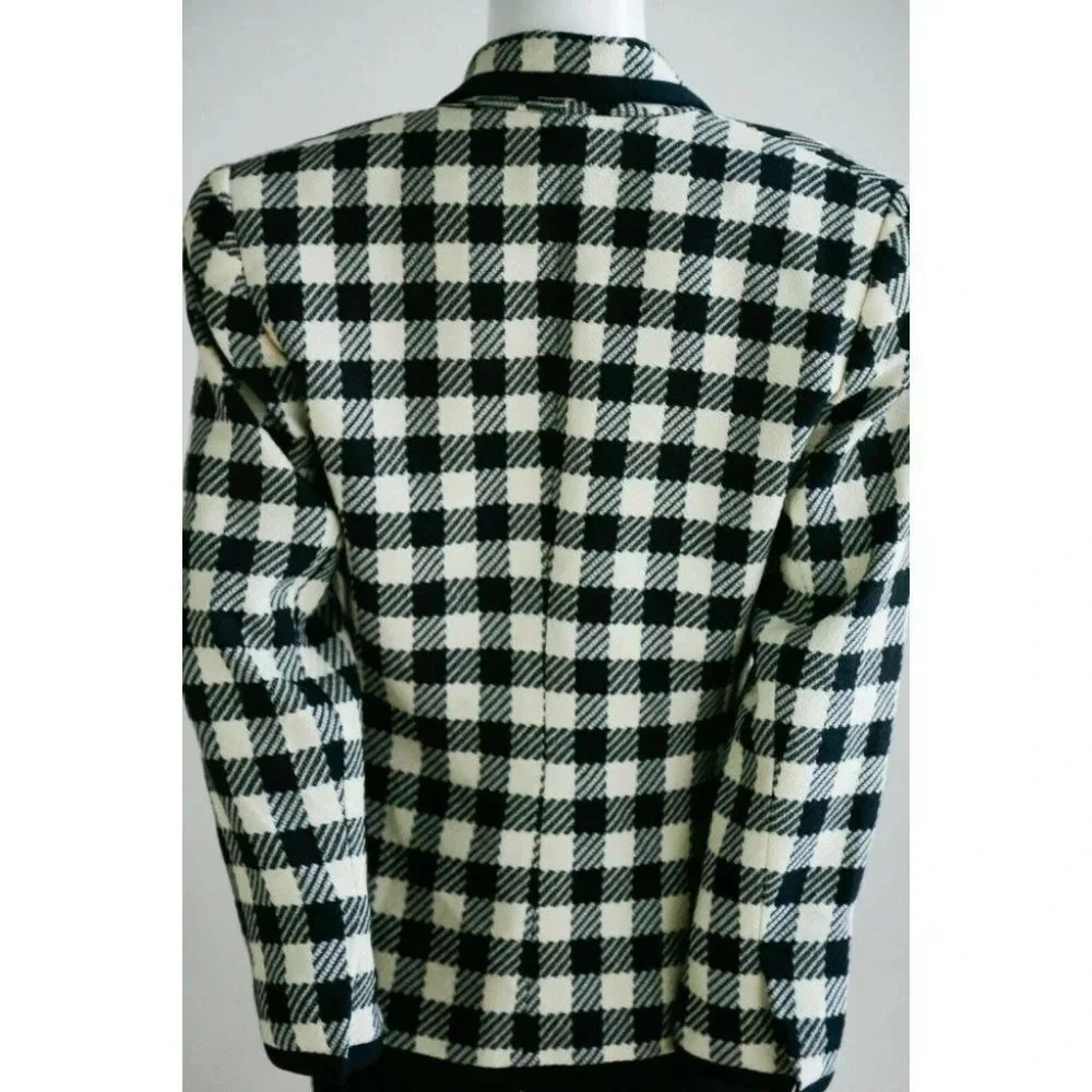 Vintage Wool Black White PlAid Notched Collar Fitted Cropped Chic Blazer M
